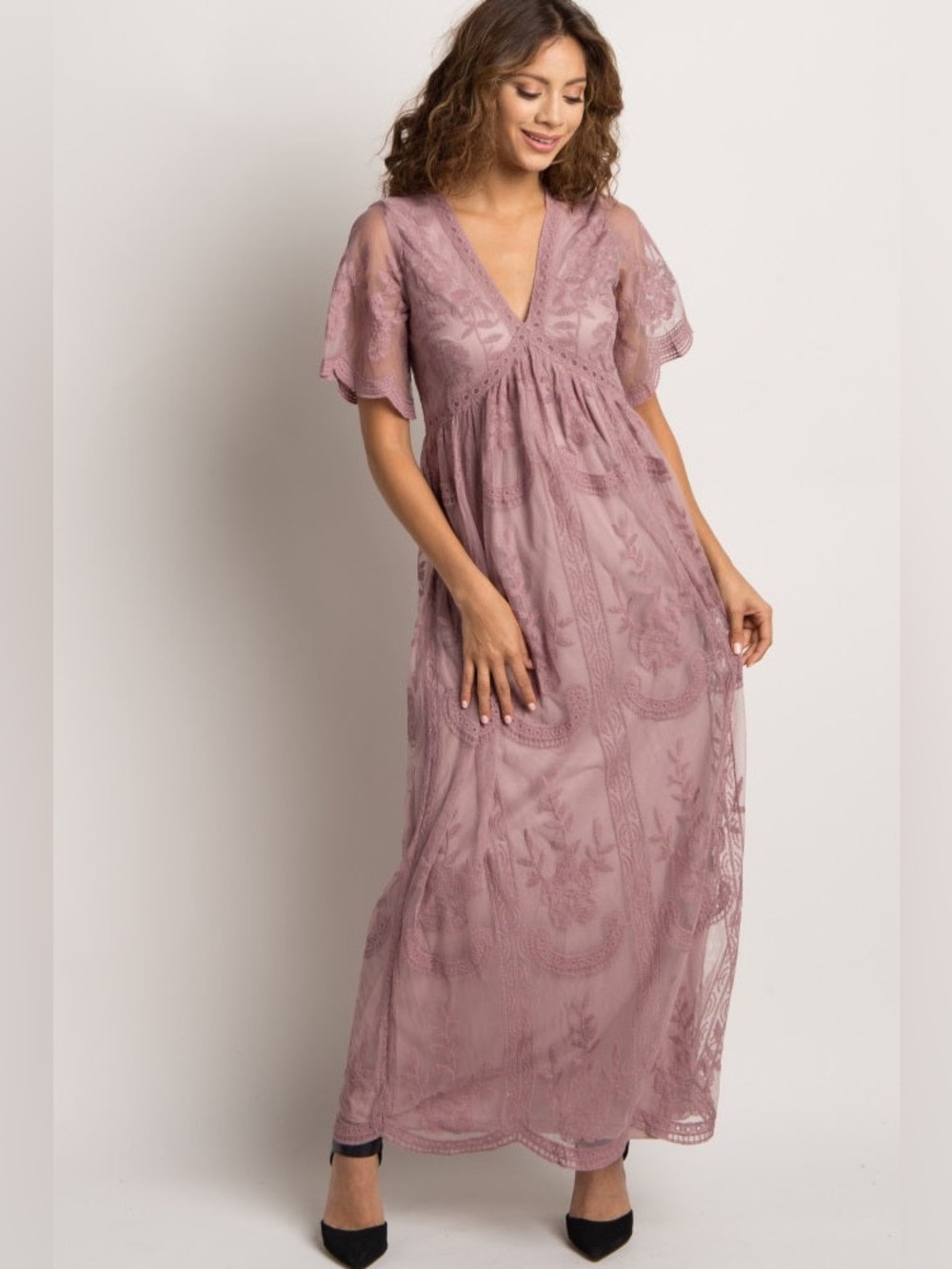 PinkBlush Mauve Lace Mesh Overlay Maternity Maxi Dress | 3X - Picture 4 of 12
